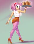 alcohol amy_rose anthro beer beverage bhawk bottomwear clothed clothing eulipotyphlan female footwear hair hedgehog high_heels hooters_uniform mammal pink_body sega shorts simple_background solo sonic_the_hedgehog_(series) tail waiter