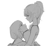  2girls asahina_mafuyu camisole closed_mouth commentary_request eye_contact greyscale head_on_chest highres hug korean_commentary long_hair looking_at_another monochrome multiple_girls otaku5252 parted_lips ponytail project_sekai shinonome_ena smile yuri 
