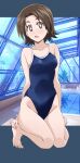  1girl absurdres barefoot blue_one-piece_swimsuit breasts bright_pupils brown_eyes brown_hair commentary full_body girls_und_panzer highres indoors kneeling looking_at_viewer one-piece_swimsuit open_mouth outside_border parted_bangs ponzu_rui rei_no_pool sawa_azusa school_swimsuit short_hair small_breasts solo swimsuit white_pupils 