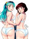  2girls :o artist_logo ass bare_shoulders blue_hair blunt_bangs blush bob_cut bra breasts cone_horns cowboy_shot from_behind green_eyes green_hair highres horns kenken28937178 long_hair looking_at_viewer looking_back lum medium_breasts miyake_shinobu multicolored_hair multiple_girls oni open_mouth orange_eyes panties pointy_ears red_hair short_hair sketch_background small_breasts surprised two-tone_hair underwear underwear_only urusei_yatsura white_bra white_panties 