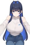  1girl absurdres black_hair blue_eyes blue_hair bluefield blunt_bangs breasts colored_inner_hair denim hair_intakes high-waist_pants highres hololive hololive_english jeans large_breasts long_hair long_sleeves looking_at_viewer multicolored_hair official_alternate_costume ouro_kronii ouro_kronii_(casual) pants shirt smile solo turtleneck virtual_youtuber white_shirt 