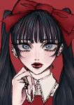  1girl absurdres black_hair blunt_bangs bow chijin15 ear_piercing earrings frilled_shirt_collar frills grey_eyes hair_bow hand_up highres jewelry lips long_hair nail_polish original piercing portrait red_background red_bow red_lips red_nails ring ringlets solo straight-on twintails 
