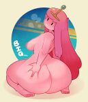 adventure_time anthro big_breasts big_butt blush bottom_heavy breasts butt butt_grab candy candy_people_(at) cartoon_network crown dabbledraws dessert female food food_creature hair hand_on_butt headgear hi_res huge_butt humanoid kneeling living_candy living_gum not_furry pink_body pink_hair princess_bubblegum rear_view solo thick_thighs