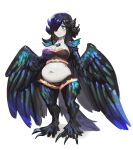  1girl animal_ears bandeau belly bird_ears bird_legs bird_tail blue_eyes breasts centralhanyuu cleavage commentary commission english_commentary feathered_wings hair_over_one_eye harpy highres large_breasts long_hair long_tail midriff monster_girl navel navel_piercing original piercing plump shorts simple_background smile solo tail talons white_background winged_arms wings 