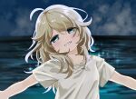  1girl ahoge blonde_hair blurry blurry_background blush green_eyes head_tilt idolmaster idolmaster_cinderella_girls looking_at_viewer messy_hair outdoors outstretched_arms shiningrainbow294 shirt short_sleeves smile solo t-shirt upper_body white_shirt yusa_kozue 