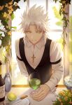  1boy absurdres alternate_costume amakusa_shirou_(fate) black_vest collared_shirt cross cross_necklace dark-skinned_male dark_skin earrings elaine-didaea fate/grand_order fate_(series) highres jewelry long_sleeves male_focus necklace priest shirt short_hair smile vest white_hair yellow_eyes 