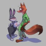 anthro areola bigdad biped breasts bulge canid canine clothing disney duo female fox fur grey_body grey_fur judy_hopps lagomorph leporid male mammal nick_wilde nipples orange_body orange_fur rabbit tail zootopia