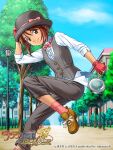  1girl ankle_socks bowler_hat brick_wall brown_eyebrows brown_eyes brown_footwear brown_hair building buttons center_frills child cloud collar collared_shirt commentary copyright_name copyright_notice coquelicot_(sakura_taisen) day dirt dirt_road dress_shirt english_text fence fingerless_gloves footwear_ribbon frills game_cg gloves grey_hat grey_pants grey_vest hair_between_eyes hand_on_headwear hat holding holding_magnifying_glass lamppost leg_up light_blue_sky logo looking_at_viewer magnifying_glass mandarin_collar nagara necktie official_art pants park pink_gloves pink_necktie pink_socks ribbon road sakura_taisen sakura_taisen_iii sega shirt shoe_soles short_hair side_slit sidelocks sleeves_past_elbows smile socks solo straight-laced_footwear tree vest white_collar white_ribbon white_shirt white_sleeves window 