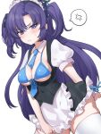  1girl anger_vein angry apron ass between_breasts bikini blue_archive breasts buttons double-breasted highres juliet_sleeves kanehira151 long_hair long_sleeves maid_apron maid_headdress medium_breasts necktie necktie_between_breasts puffy_sleeves purple_eyes purple_hair simple_background spoken_anger_vein swimsuit thighhighs twintails white_background white_thighhighs yuuka_(blue_archive) 