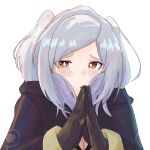  1girl black_coat blush brown_eyes coat fire_emblem fire_emblem_awakening gloves highres long_hair long_sleeves looking_at_viewer own_hands_together robin_(female)_(fire_emblem) robin_(fire_emblem) rufuulet solo twintails upper_body white_background white_hair 