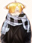  1boy absurdres animal_ear_fluff animal_ears black_coat blonde_hair blush closed_eyes coat commentary curly_eyebrows facial_hair fang fox_boy fox_ears hair_over_one_eye highres long_bangs male_focus one_piece sanji_(one_piece) scarf short_hair simple_background stubble symbol-only_commentary upper_body winter_clothes yaiyai123uma 