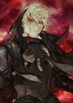 1boy armor arthur_pendragon_(fate) arthur_pendragon_alter_(fate) artist_name black_armor black_cape blonde_hair blood blood_on_face breastplate cape fate/prototype fate/prototype:_fragments_of_blue_and_silver fate_(series) highres looking_at_viewer male_focus red_background sangzhujun solo upper_body yellow_eyes 