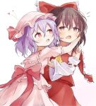  2girls ar_(maeus) ascot blue_hair blush bow brown_hair commentary_request detached_sleeves fang frilled_bow frills hair_bow hakurei_reimu hat hat_ribbon heart hug long_hair medium_hair mob_cap multiple_girls open_mouth pink_hat red_bow red_eyes red_skirt remilia_scarlet ribbon ribbon-trimmed_sleeves ribbon_trim skin_fang skirt skirt_set smile sweatdrop touhou waist_bow yellow_ascot yuri 