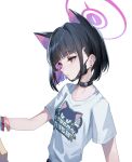  1girl animal_ears black_choker black_hair blue_archive bracelet cat_ears choker closed_mouth colored_inner_hair earclip extra_ears halo highres jewelry kazusa_(blue_archive) mask mask_pull mouth_mask multicolored_hair purple_hair red_eyes reeh_(yukuri130) shirt short_sleeves simple_background solo upper_body white_background white_shirt 