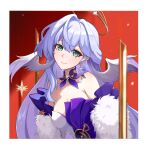  1girl absurdres aqua_eyes bare_shoulders breasts choker cleavage commentary dress hair_intakes head_wings highres honkai:_star_rail honkai_(series) huangwanzi long_hair looking_at_viewer purple_choker purple_hair robin_(honkai:_star_rail) smile solo strapless strapless_dress upper_body very_long_hair wings 