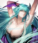  1girl black_leotard character_name green_eyes green_hair hanny_(uirusu_chan) head_wings highres leotard long_hair morrigan_aensland simple_background smile solo strapless strapless_leotard upper_body vampire_(game) white_background wings 