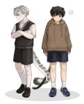  2boys ? animal_ears black_footwear black_shorts black_sweater_vest blue_footwear blue_shorts brown_hair brown_hoodie cat_ears cat_tail child collared_shirt crossed_arms full_body highres hood hoodie ilay_riegrow jeong_taeui long_sleeves male_focus multiple_boys nnn_0x0 passion_(manhwa) shirt shoes short_sleeves shorts simple_background snow_leopard_tail socks spoken_question_mark standing sweater_vest tail white_background white_hair white_shirt white_socks 