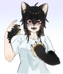 2023 4_fingers absurd_res ahoge anthro biped black_body black_claws black_ears black_fur black_hair black_nose brown_body brown_ears brown_eyes brown_fur canid canine canis claws clothed clothing colored digital_media_(artwork) domestic_dog female female_anthro finger_claws fingers front_view fully_clothed fur fur_growth growth hair half-length_portrait hi_res human human_to_anthro kemono long_hair looking_at_viewer mammal matsuda mid_transformation monotone_hair multicolored_body multicolored_ears multicolored_fur open_mouth paws pink_tongue portrait pupils shaded shirt simple_background solo species_transformation standing teeth tongue topwear transformation white_background white_body white_clothing white_fur white_inner_ear white_shirt white_topwear