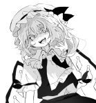  1girl ascot crystal flandre_scarlet hat hat_ribbon limited_palette mob_cap one_side_up open_mouth puffy_short_sleeves puffy_sleeves ramochi ribbon short_hair short_sleeves side_ponytail skirt skirt_set teeth touhou upper_teeth_only vest white_hat wings 