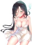  1girl algorhythm_project bare_legs black_hair breasts commission dress evalia_(algorhythm_project) green_eyes green_hair highres hitodama jewelry long_hair medium_breasts multicolored_hair naimeow second-party_source smile solo thai_commentary very_long_hair virtual_youtuber white_background white_dress 
