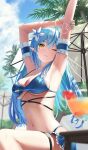  1girl ahoge arm_up armpits arms_up beach bikini blue_bikini blue_hair blurry blurry_background blurry_foreground breasts flower glasses gradient_hair hair_flower hair_ornament heart heart_ahoge highres hololive large_breasts long_hair looking_at_viewer multicolored_hair navel one_eye_closed palm_tree pink_hair sky smile solo stretching swimsuit table torjun_111 tree virtual_youtuber wet yellow_eyes yukihana_lamy 