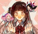  !? 3girls angel_and_devil black_hair blush bow bowtie brown_hair cardigan closed_mouth collared_shirt demon_tail demon_wings female_commander_(forever_7th_capital) forever_7th_capital grey_cardigan halo hands_up horns long_hair multiple_girls one_side_up open_mouth own_hands_clasped own_hands_together pink_background pink_eyes purple_eyes red_bow red_bowtie sapphire_(nine) shirt sidelocks simple_background smile tail very_long_hair white_shirt wings yuri_(forever_7th_capital) 