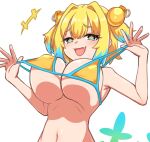  +_+ 1girl absurdres bare_shoulders bikini blonde_hair blue_eyes blue_hair blush bombergirl breasts chawan_(yultutari) cleavage grenade_hair_ornament highres large_breasts looking_at_viewer multicolored_hair navel open_mouth pine_(bombergirl) short_hair smile solo strap_pull swimsuit symbol-shaped_pupils two-tone_hair yellow_bikini yellow_pupils 