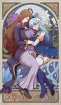  2girls absurdres ahoge aqua_(konosuba) black_footwear blue_dress blue_footwear blush boots breasts brown_eyes brown_hair closed_mouth commentary_request crying detached_sleeves dress flower hair_between_eyes hair_ornament highres hug kono_subarashii_sekai_ni_shukufuku_wo! large_breasts long_hair long_sleeves looking_at_viewer multiple_girls open_mouth ponponmaru purple_dress purple_flower sidelocks sitting smile tears thighhighs wavy_mouth white_flower white_thighhighs wiz_(konosuba) 