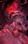  1girl bat_(animal) bat_wings blood blood_on_face blue_hair brooch closed_mouth commentary_request fang full_moon hat hat_ribbon highres jewelry medium_hair mob_cap moon pointy_ears rakugakiman2222 red_eyes red_moon remilia_scarlet ribbon short_sleeves single_wrist_cuff skin_fang skirt_hold slit_pupils smile solo touhou wings wrist_cuffs 