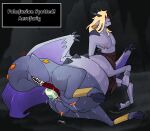 aerodactyl blonde_hair blush bodily_fluids brown_clothing cave_background cel_shading chain clothing covered_eyes cuff_(restraint) drooling ear_piercing ear_ring egg equine_teats exposed_teeth fossil_pokemon fusion generation_1_pokemon generation_2_pokemon genital_fluids girafarig hair hands_behind_back head_on_tail heart_symbol hooves horn hybrid intersex leaking_milk lying male maleherm membrane_(anatomy) membranous_wings multi_eye nintendo on_side oviposition piercing pokemon pokemon_(species) pokemon_egg pokemon_fusion pregnant pregnant_male puppetmaster13uwu purple_body restraints ring_piercing saliva shaded spikes sweat taur text_box tongue tongue_in_pussy wings