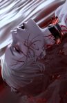  1girl acheron_(honkai:_star_rail) black_choker blood blood_from_mouth blood_on_face body_markings choker earrings flower highres honkai:_star_rail honkai_(series) jewelry looking_up lying_on_water m_alexa markings open_mouth partially_submerged portrait red_eyes red_flower red_lips signature solo water white_hair 