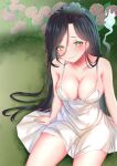  1girl algorhythm_project bare_legs black_hair breasts commission dress evalia_(algorhythm_project) green_eyes green_hair highres hitodama jewelry long_hair medium_breasts multicolored_hair naimeow second-party_source smile solo thai_commentary very_long_hair virtual_youtuber white_dress 