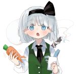  1girl black_hairband blue_eyes food ghost green_vest grey_hair hairband highres holding holding_food katana konpaku_youmu konpaku_youmu_(ghost) ramochi scabbard sheath short_hair solo sword touhou upper_body vest wakizashi weapon white_background white_hair 