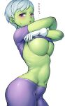  1girl absurdres alternate_breast_size arms_up blush breasts cheelai clothes_lift colored_skin dragon_ball dragon_ball_super dragon_ball_super_broly elbow_gloves gloves green_skin grey_hair highres large_breasts looking_at_viewer max_(maxlikeapicture) navel purple_eyes shirt shirt_lift short_hair short_sleeves skindentation solo stomach sweat translation_request underboob undressing 