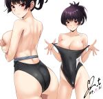  1girl ass blunt_bangs blush breasts butt_crack cleavage highres kanoe_yuuko large_breasts long_hair looking_at_viewer purple_hair red_eyes school_swimsuit smile solo swimsuit tasogare_otome_x_amnesia yoo_tenchi 