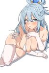  1girl alternate_costume aqua_(konosuba) bikini blue_eyes blue_hair blush breasts choker cleavage double-parted_bangs elbow_gloves feet_out_of_frame gloves hair_between_eyes hair_bobbles hair_ornament hair_rings highres kono_subarashii_sekai_ni_shukufuku_wo! large_breasts light_blue_hair long_hair looking_at_viewer lying micro_bikini on_side open_mouth seihekiog side-tie_bikini_bottom simple_background skindentation solo string_bikini swimsuit thighhighs white_background white_bikini white_choker white_gloves white_thighhighs 