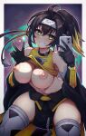  1girl ahoge bare_shoulders black_hair blonde_hair breasts cleavage clothes_lift commission duel_monster forehead_protector gloves gradient_hair green_eyes highres large_breasts multicolored_hair nipples pixiv_commission poifuru ponytail s-force_rappa_chiyomaru selfie shirt_lift solo thighhighs yu-gi-oh! 