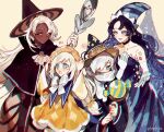  1boy 3girls blue_cape blue_eyes blue_hair blush bow bowtie brown_eyes brown_hat cape closed_mouth cookie_run cream_puff_cookie dark-skinned_female dark_skin dress food-themed_hat hat humanization latte_cookie long_hair long_sleeves low-tied_long_hair moonlight_cookie multiple_girls open_mouth orange_dress sapphire_(nine) smile very_long_hair white_bow white_bowtie white_hair witch_hat wizard_cookie wizard_hat 