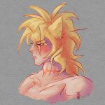 2023 animal_humanoid blonde_hair cat_humanoid digital_drawing_(artwork) digital_media_(artwork) dio_brando ear_markings eyebrows eyelashes felid felid_humanoid feline feline_humanoid grey_background hair hi_res humanoid jojo&#039;s_bizarre_adventure light_body light_skin male mammal mammal_humanoid neck_scar not_furry rhapsody_tenrai shirtless shirtless_male signature simple_background solo