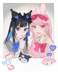  18_kawaki 2girls alternate_costume animal_ears ayla_(punishing:_gray_raven) black_bow black_hair blue_bow blue_bowtie blue_eyes blue_nails blue_ribbon bow bowtie braid collared_shirt colored_inner_hair fake_animal_ears grey_sweater hair_bow hair_ornament hair_ribbon hairclip heart heart_hair_ornament multicolored_hair multiple_girls open_mouth pink_bow pink_bowtie pink_eyes pink_hair pink_sweater punishing:_gray_raven purple_eyes rabbit_ears ribbon selena_(punishing:_gray_raven) shirt side_braid sidelocks sleeveless sleeveless_sweater sweater triangle_hair_ornament v white_shirt 