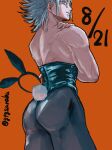  1boy absurdres animal_ears ass black_hairband black_pantyhose blue_eyes blue_hair bunny_day closed_mouth cowboy_shot fake_animal_ears fake_animal_ears_removed fake_tail hairband hand_on_own_shoulder highres holding_hairband jujutsu_kaisen kashimo_hajime light_blue_hair looking_back male_focus medium_hair pantyhose rabbit_tail red_background saraba_(srb) short_tail signature solo tail toned toned_male 