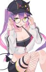  1girl absurdres baseball_cap bespectacled black_shorts breasts choker cleavage cropped_jacket demon_tail ear_piercing fang glasses green_eyes hat highres hololive kanna_hm33 long_hair midriff multicolored_nails navel o-ring o-ring_choker piercing purple_hair shorts single_thighhigh skin_fang tail thighhighs tokoyami_towa tokoyami_towa_(1st_costume) twintails virtual_youtuber white_background 