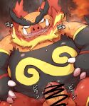 2024 anthro balls black_body bodily_fluids censored emboar erection generation_5_pokemon genital_fluids genitals japanese_text kemono male nintendo orange_body overweight overweight_male penis pokemon pokemon_(species) precum solo text wanisuke