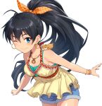  1girl ;) ahoge animal black_hair blue_eyes blue_shorts bow bracelet breasts cowboy_shot dark-skinned_female dark_skin denim denim_shorts earrings fang frilled_shirt frills ganaha_hibiki hair_between_eyes hair_bow halter_shirt halterneck hamster hamuzou hoop_earrings idolmaster idolmaster_(classic) jewelry long_hair looking_at_viewer medium_breasts mofu_(mof_swimradio) necklace one_eye_closed pendant ponytail shirt shorts simple_background sleeveless smile solo undershirt very_long_hair white_background yellow_shirt 