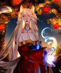  1girl absurdres animal_ears artist_name blonde_hair breasts character_request cleavage copyright_request earrings fingernails fox_ears fox_girl highres japanese_clothes jewelry kimono lantern long_hair long_sleeves magic obi paper_lantern sash sharp_fingernails sky_lantern solo tail tattoo toda_png very_long_hair wide_sleeves yellow_eyes 