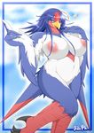  anthro avian big_breasts blue_eyes blue_hair blush bottomless breasts cleavage clothed clothing female hair half-dressed long_hair looking_at_viewer navel nintendo one_eye_closed pok&#233;mon pok&#233;morph pokemon skimpy solo standing standing_on_one_foot swellow video_games wide_hips winged_arms wink ymbk 