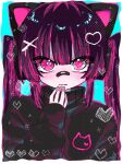  1girl animal_ear_headphones animal_ears bandaid bandaid_on_neck black_hair blush cat_ear_headphones fake_animal_ears hair_ornament hairclip hand_on_own_chin headphones heart heart_hair_ornament long_hair long_sleeves looking_at_viewer mka_rapi open_mouth original pink_eyes solo sweater twintails upper_body x_hair_ornament 