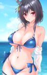  1girl absurdres bikini black_hair blue_bikini blurry blurry_background breasts cleavage closed_mouth cloud collarbone cosplay day embarrassed hair_ornament halterneck highres kantai_collection large_breasts looking_to_the_side navel nitamako_(sakamalh) ocean off_shoulder red_eyes shigure_(kancolle) shigure_(kancolle)_(cosplay) shigure_kai_san_(kancolle) shigure_kai_san_(swimsuit)_(kancolle) shirt short_hair sky solo swimsuit white_shirt yamashiro_(kancolle) 