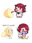  1girl bare_shoulders blue_eyes blush_stickers bow chibi dress food fruit guyrys heterochromia highres hololive hololive_english horns irys_(casualrys)_(hololive) irys_(hololive) lemon lemon_slice licking lienliensn medium_hair meme open_mouth pointy_ears red_eyes red_hair smile thour_(meme) tongue tongue_out virtual_youtuber vomiting_rainbows white_dress 