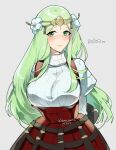  1girl arms_behind_back breasts closed_mouth commentary_request cosplay fire_emblem fire_emblem:_three_houses green_eyes green_hair grey_background high-waist_skirt highres large_breasts long_hair looking_at_viewer raised_eyebrows red_skirt rhea_(fire_emblem) scarlett_(unicorn_overlord) scarlett_(unicorn_overlord)_(cosplay) simple_background skirt solo unicorn_overlord yomusugara_(uzo-muzo) 